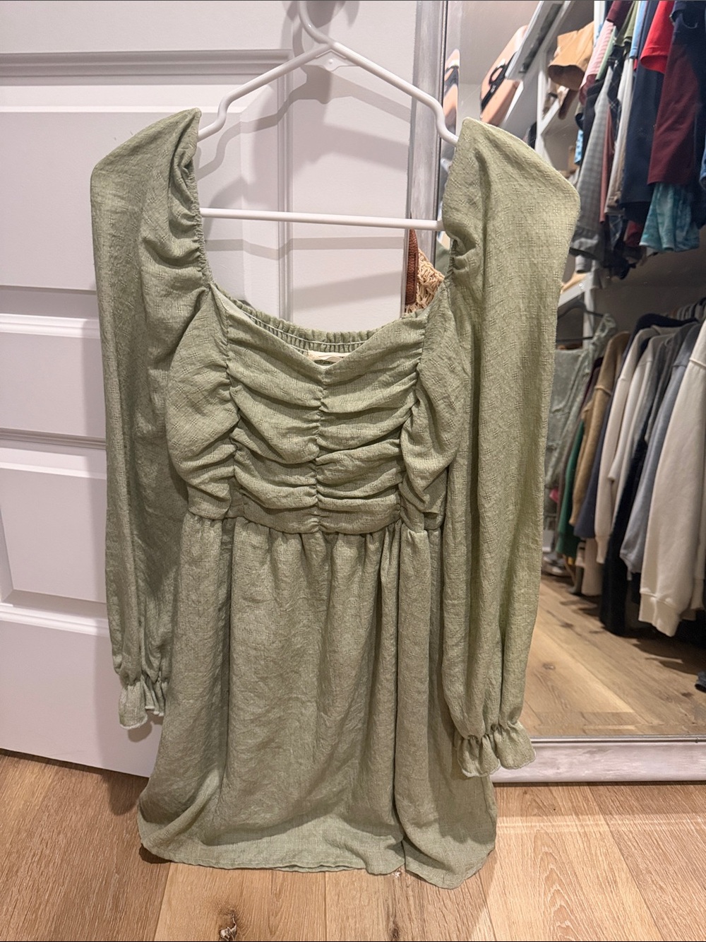 Peach Love California Sage Green Long Sleeve Ruched Dress
